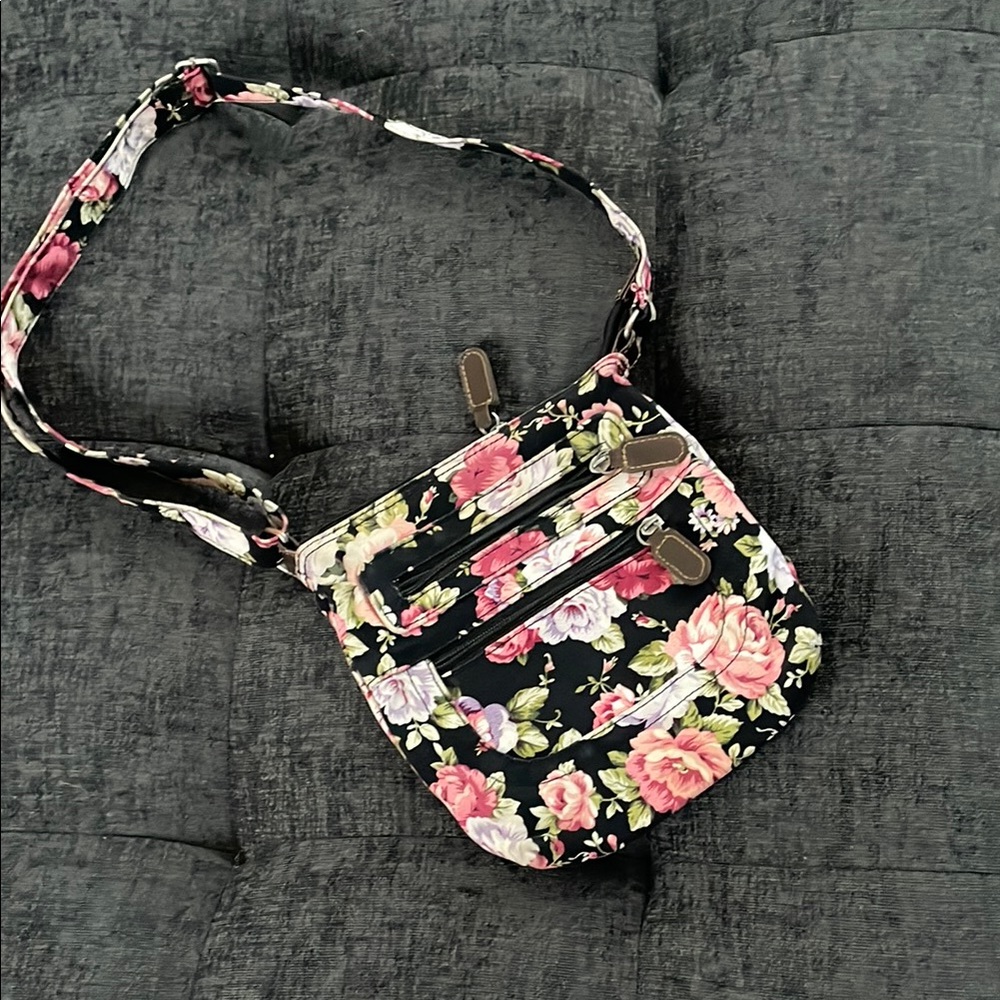 Floral Crossbody Bag - Black and Pink